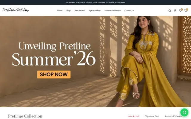 Pretline website, desktop view